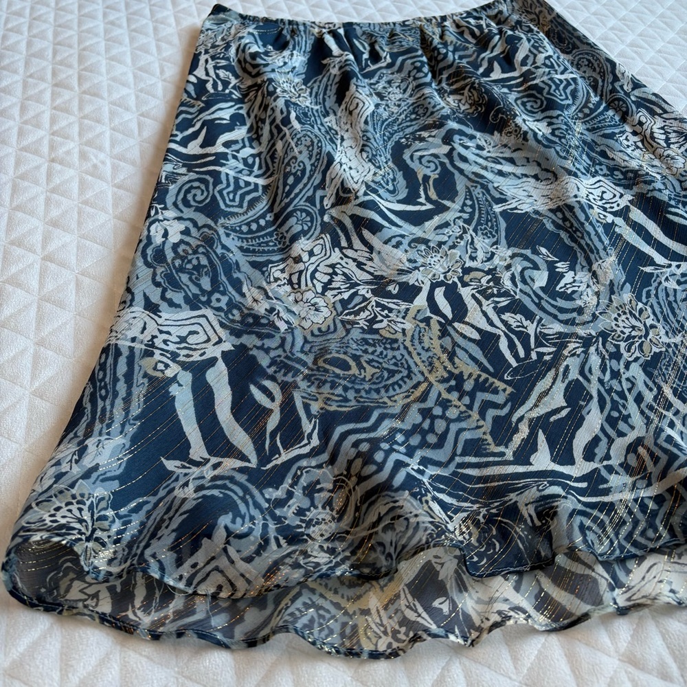 VTG Chadwick’s Silk A-Line Skirt Sz 12 Blue Gold Metallic Abstract Art To Wear - Picture 3 of 14